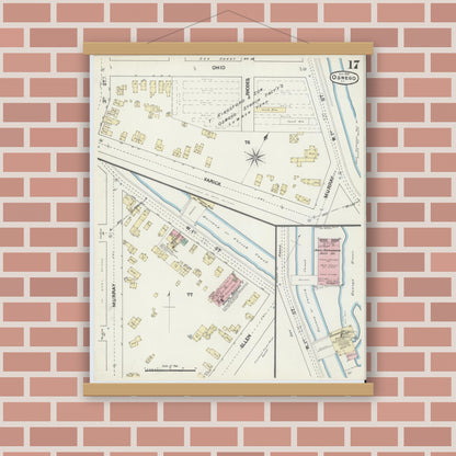 Old map wall art mockup — magnetic wood frame on brick wall — Sanborn Fire Insurance Map from Oswego, Oswego County, New York (1890), Sheet #0017