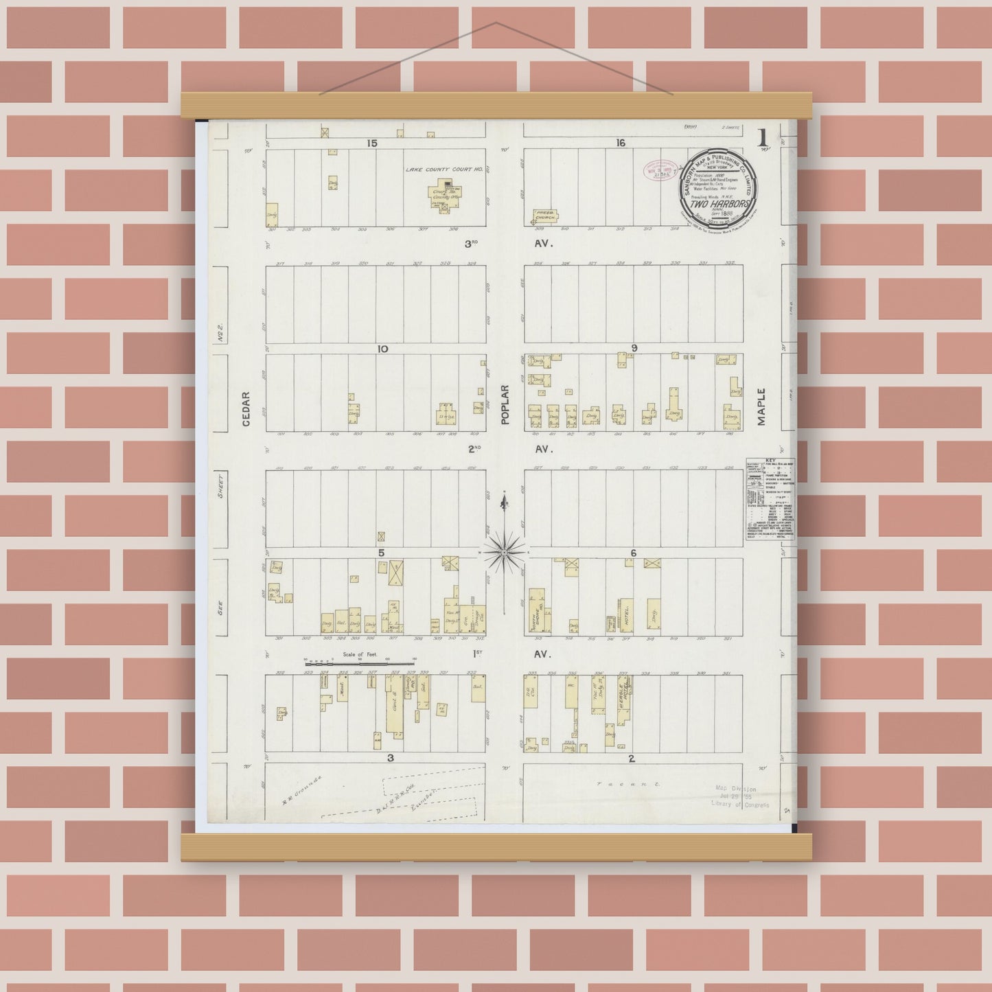 Old map wall art mockup — magnetic wood frame on brick wall — Sanborn Fire Insurance Map from Two Harbors, Lake County, Minnesota (1888) - Complete Map Set