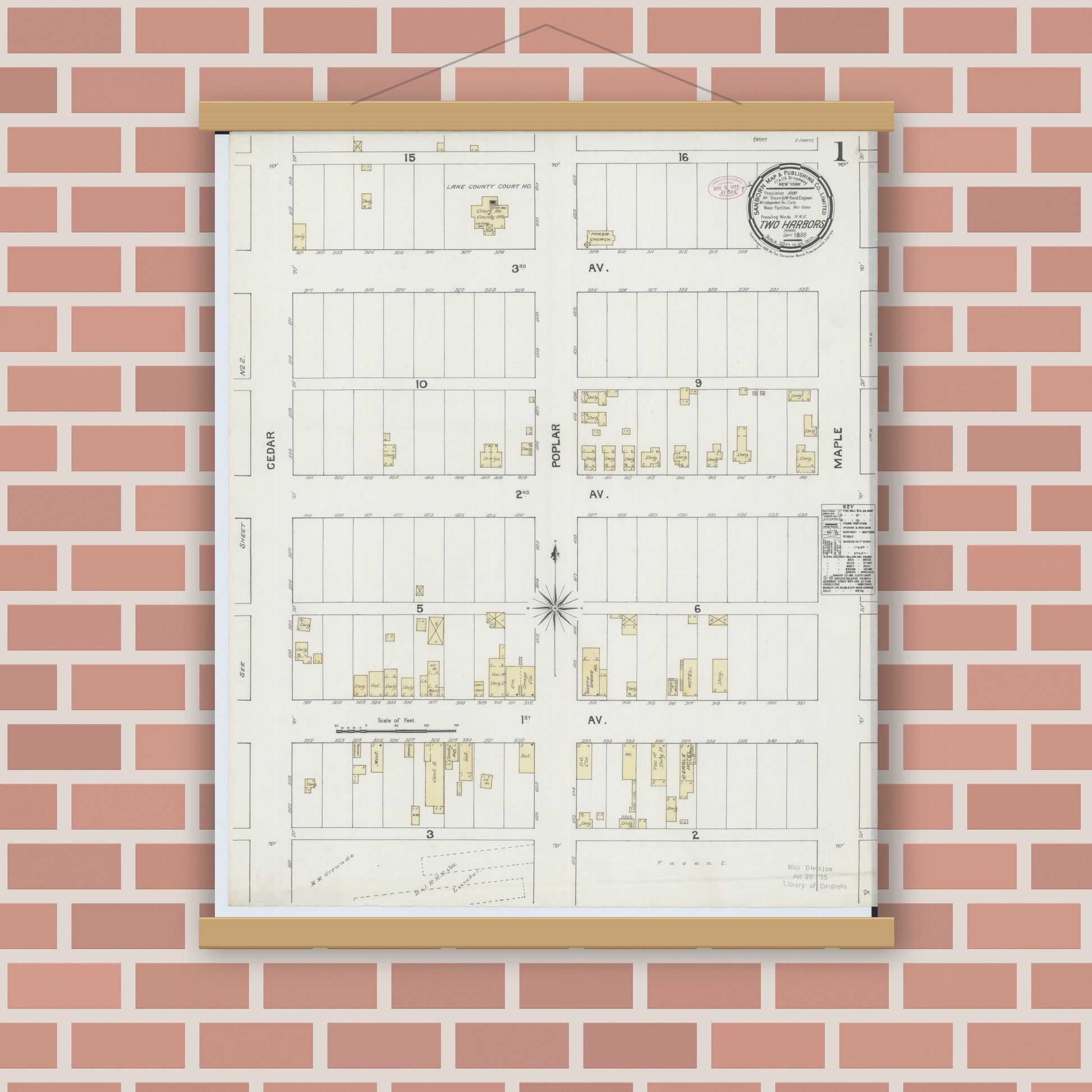 Old map wall art mockup — magnetic wood frame on brick wall — Sanborn Fire Insurance Map from Two Harbors, Lake County, Minnesota (1888) - Complete Map Set