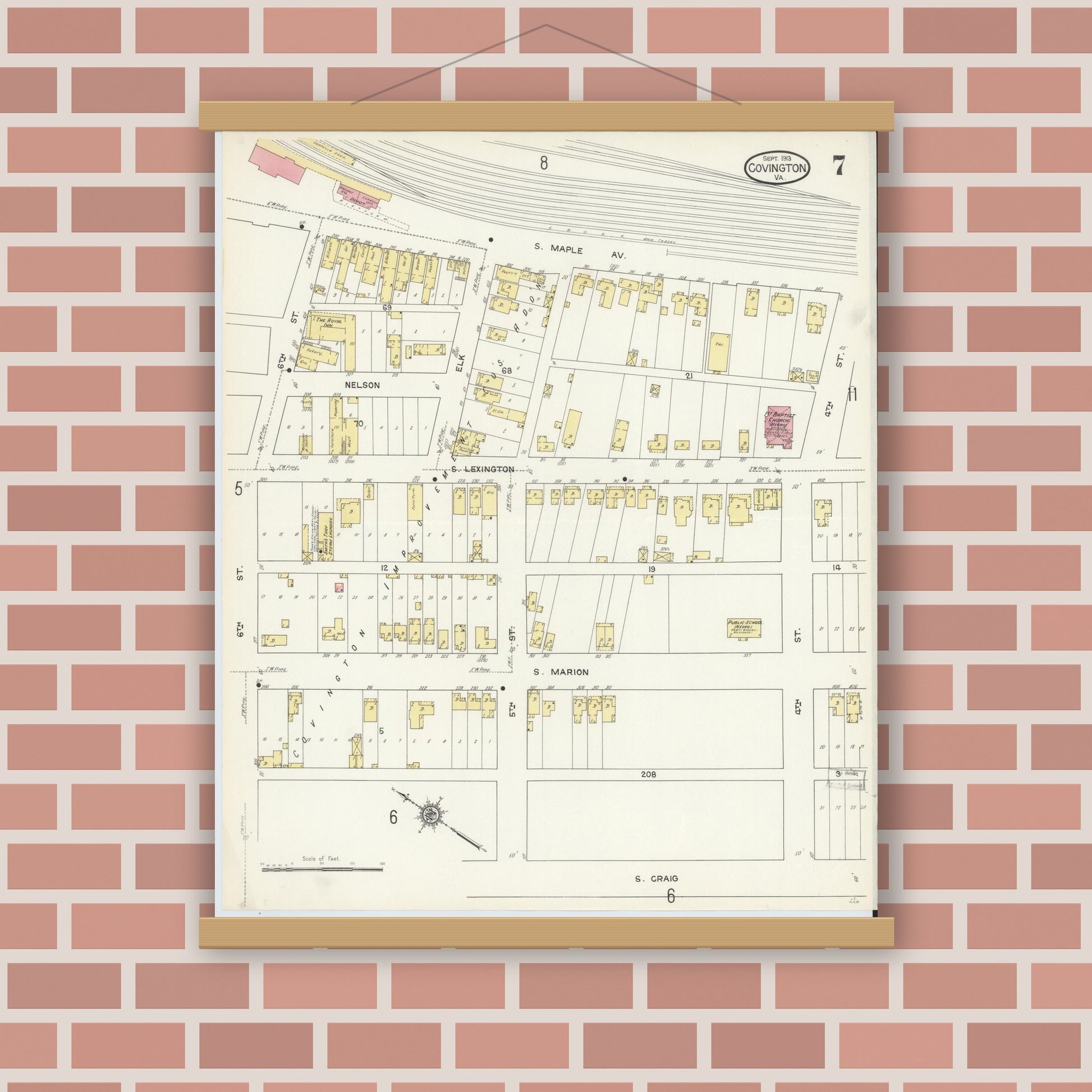 Old map wall art mockup — magnetic wood frame on brick wall — Sanborn Fire Insurance Map from Covington, Independent Cities, Virginia (1913), Sheet #0007