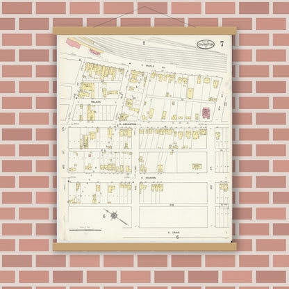 Old map wall art mockup — magnetic wood frame on brick wall — Sanborn Fire Insurance Map from Covington, Independent Cities, Virginia (1913), Sheet #0007