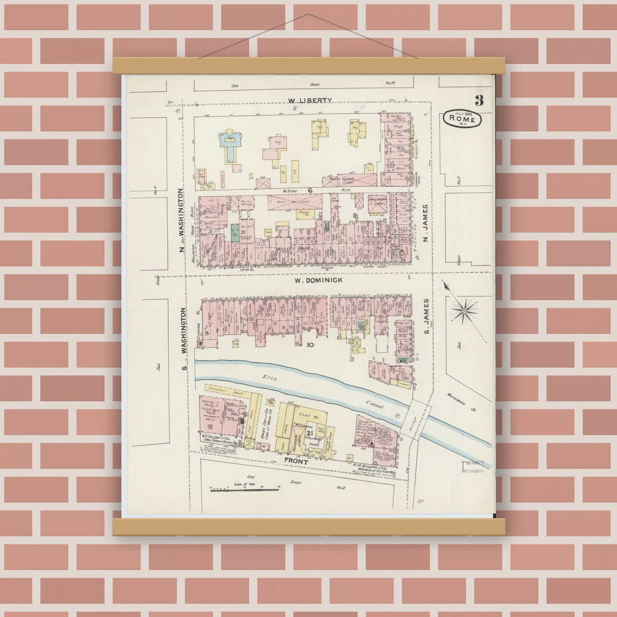 Old map wall art mockup — magnetic wood frame on brick wall — Sanborn Fire Insurance Map from Rome, Oneida County, New York (1888), Sheet #0003