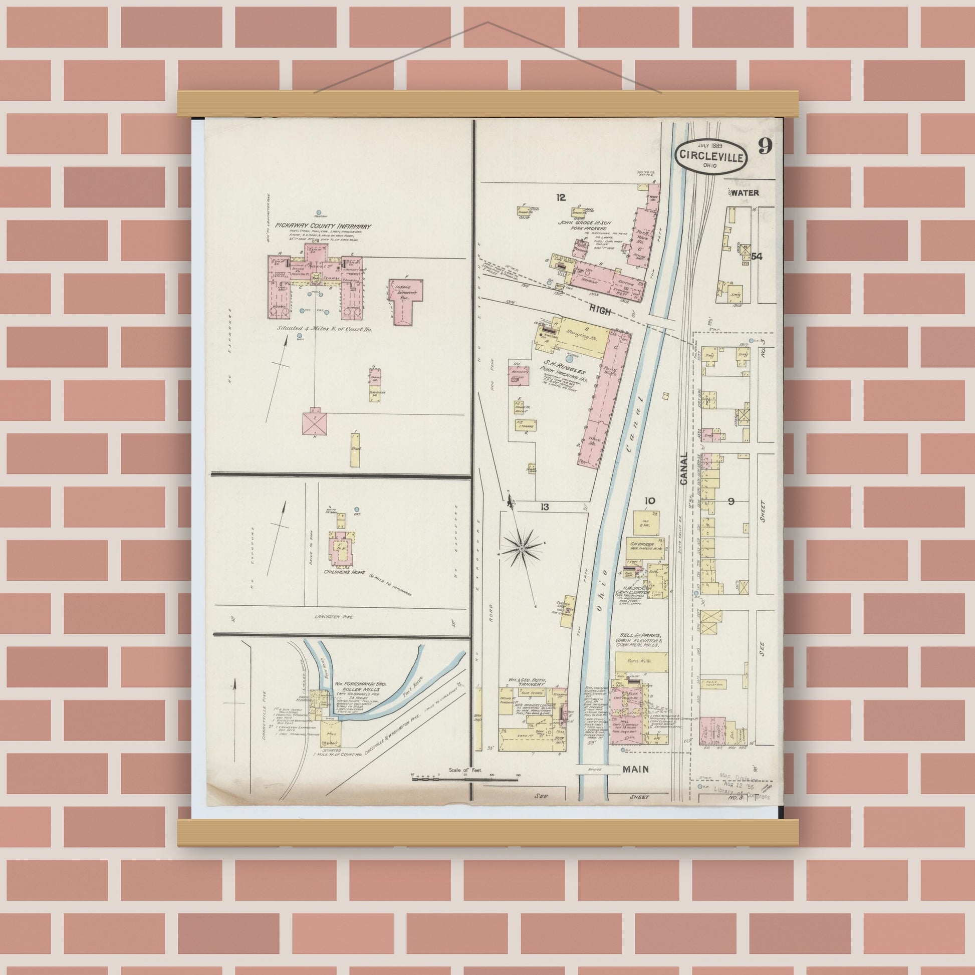 Old map wall art mockup — magnetic wood frame on brick wall — Sanborn Fire Insurance Map from Circleville, Pickaway County, Ohio (1889), Sheet #0009