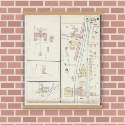 Old map wall art mockup — magnetic wood frame on brick wall — Sanborn Fire Insurance Map from Circleville, Pickaway County, Ohio (1889), Sheet #0009