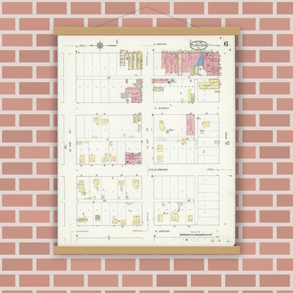 Old map wall art mockup — magnetic wood frame on brick wall — Sanborn Fire Insurance Map from Plainview, Hale County, Texas (1914), Sheet #0006