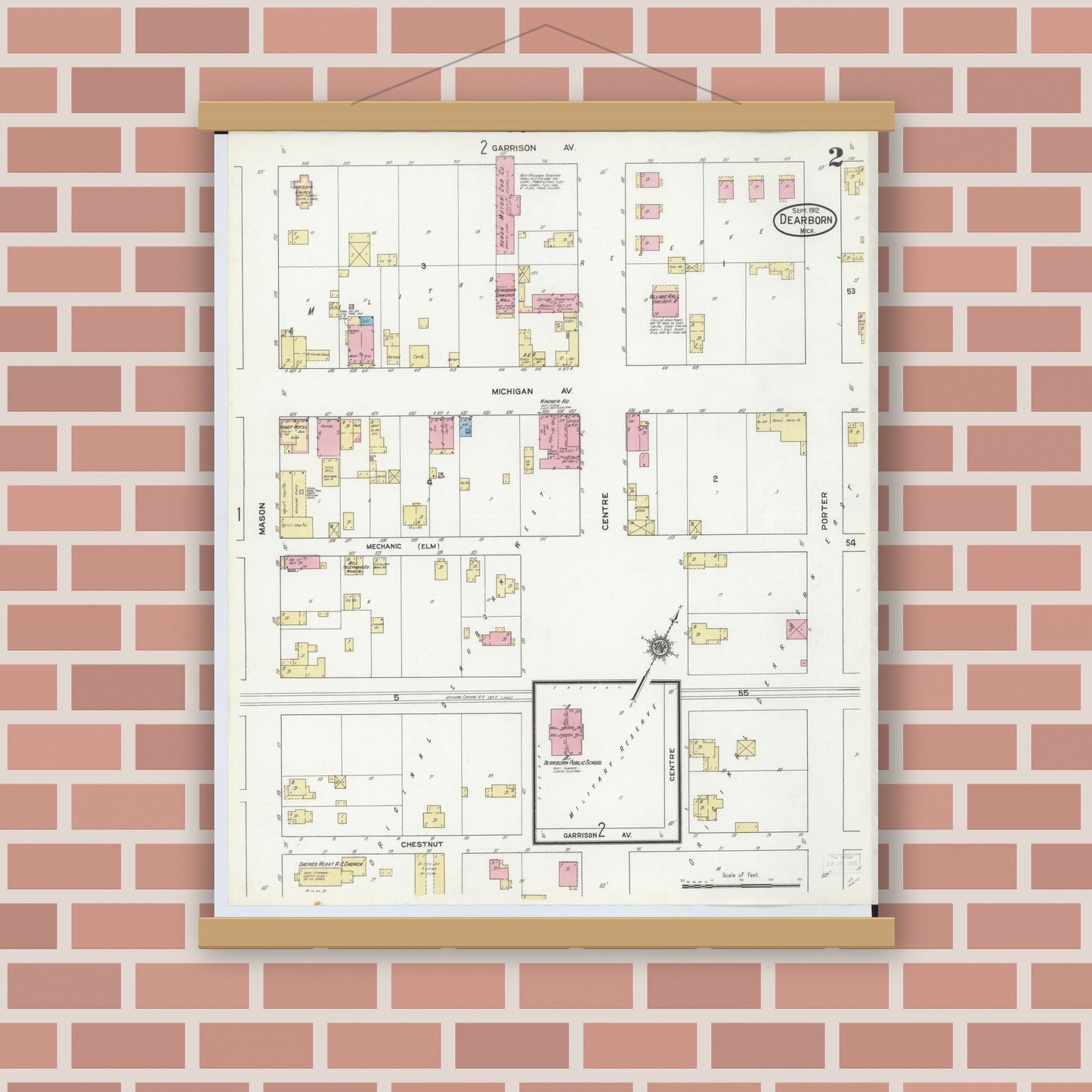 Old map wall art mockup — magnetic wood frame on brick wall — Sanborn Fire Insurance Map from Dearborn, Wayne County, Michigan (1912), Sheet #0002