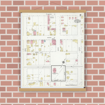 Old map wall art mockup — magnetic wood frame on brick wall — Sanborn Fire Insurance Map from Dearborn, Wayne County, Michigan (1912), Sheet #0002
