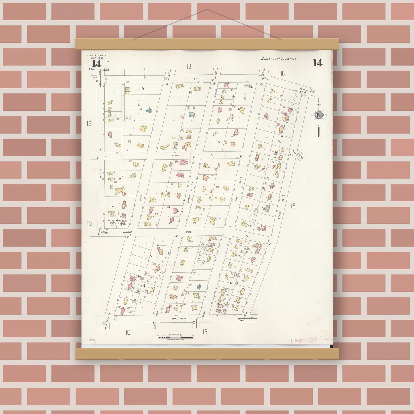 Old map wall art mockup — magnetic wood frame on brick wall — Sanborn Fire Insurance Map from Glen Ellyn, Du Page County, Illinois (1946), Sheet #0014
