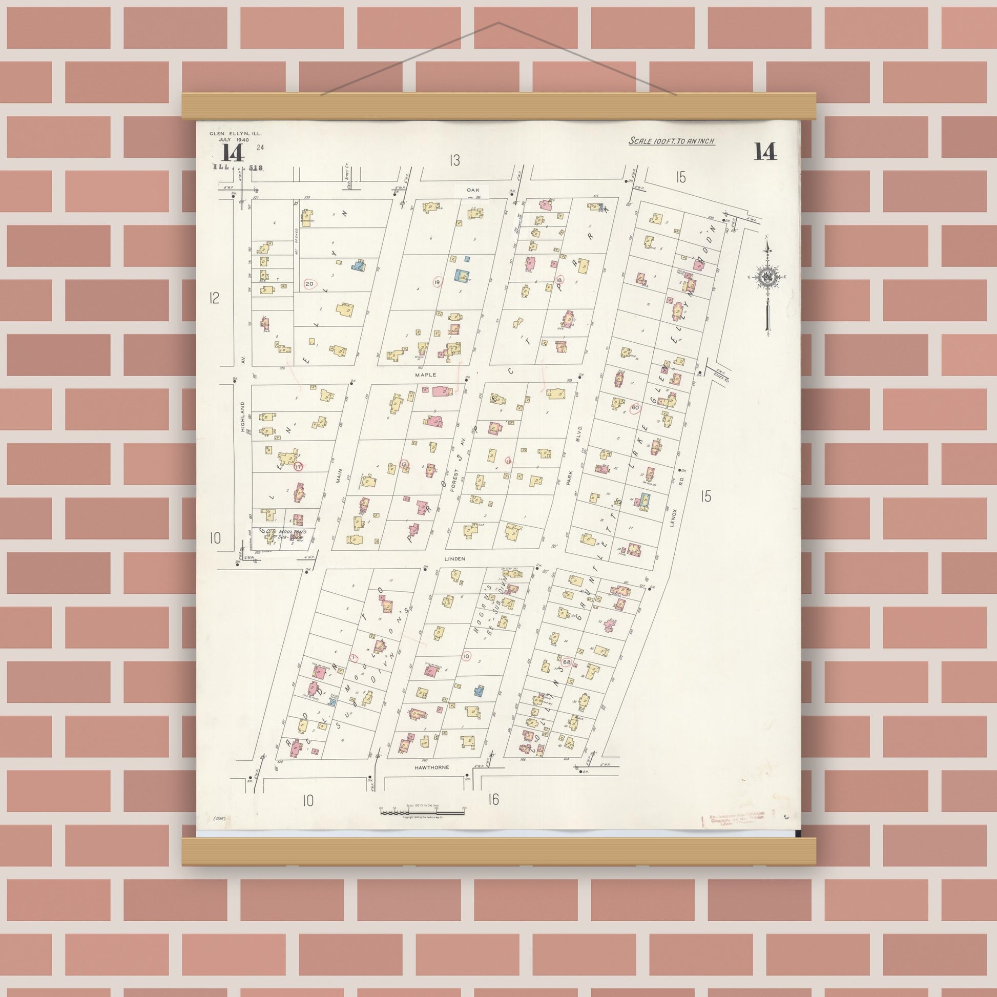 Old map wall art mockup — magnetic wood frame on brick wall — Sanborn Fire Insurance Map from Glen Ellyn, Du Page County, Illinois (1946), Sheet #0014