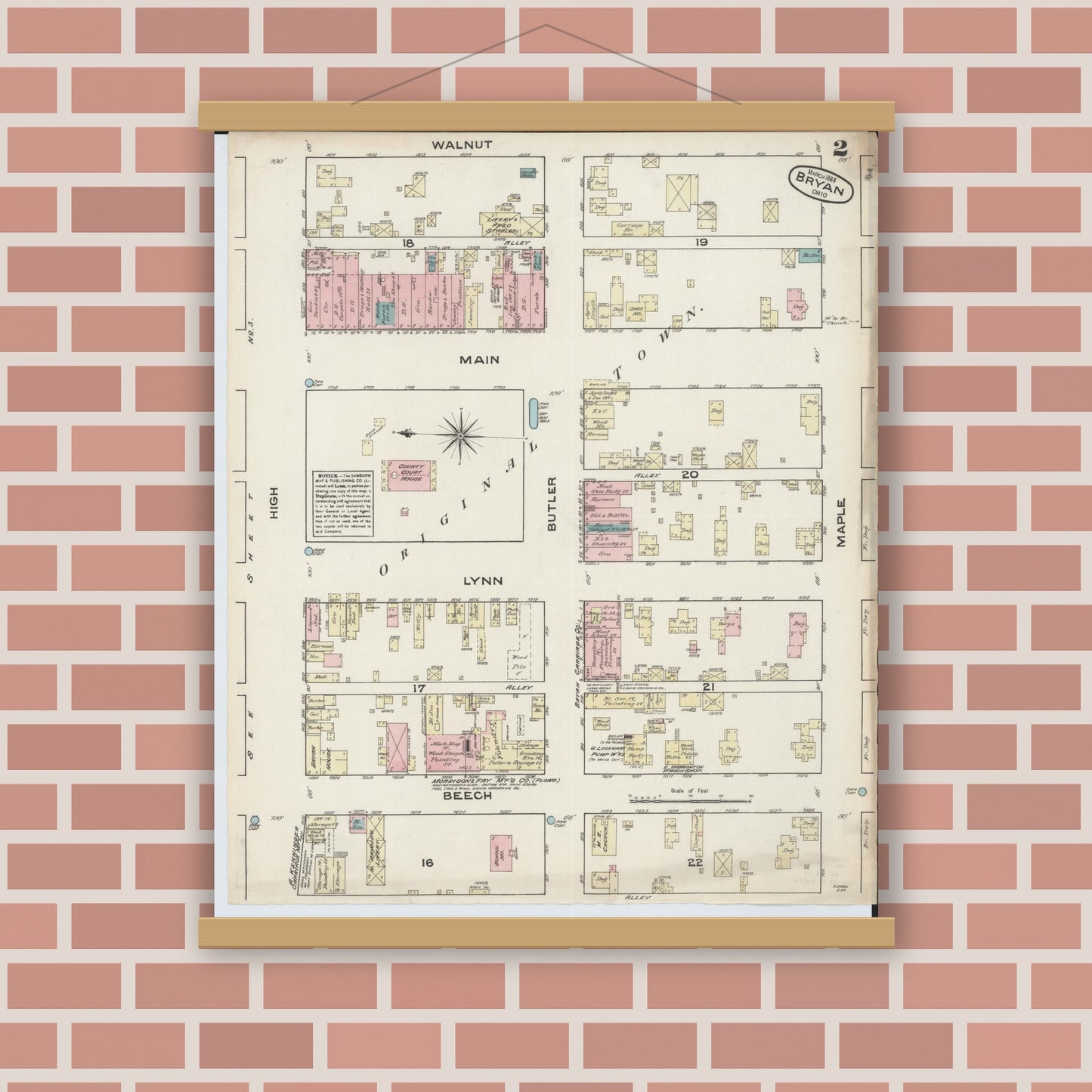 Old map wall art mockup — magnetic wood frame on brick wall — Sanborn Fire Insurance Map from Bryan, Williams County, Ohio (1884), Sheet #0002