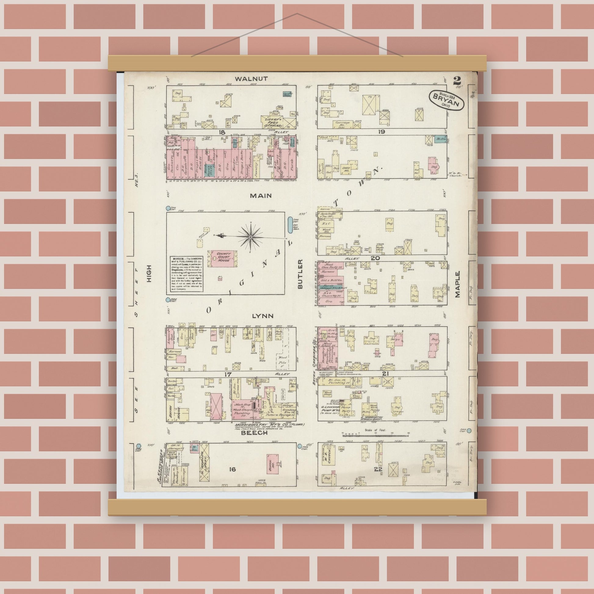 Old map wall art mockup — magnetic wood frame on brick wall — Sanborn Fire Insurance Map from Bryan, Williams County, Ohio (1884), Sheet #0002