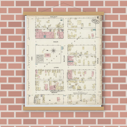 Old map wall art mockup — magnetic wood frame on brick wall — Sanborn Fire Insurance Map from Bryan, Williams County, Ohio (1884), Sheet #0002