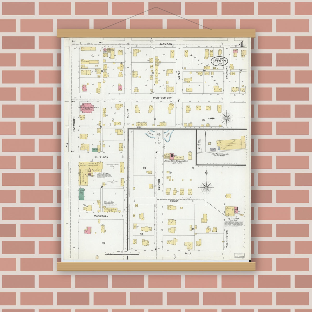 Old map wall art mockup — magnetic wood frame on brick wall — Sanborn Fire Insurance Map from Bremen, Marshall County, Indiana (1905), Sheet #0004