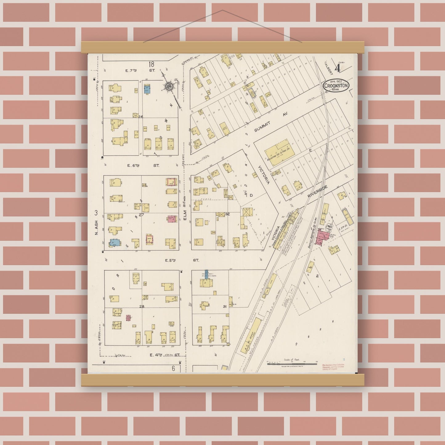 Old map wall art mockup — magnetic wood frame on brick wall — Sanborn Fire Insurance Map from Crookston, Polk County, Minnesota (1922), Sheet #0004