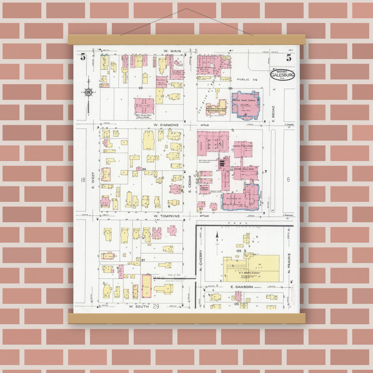 Old map wall art mockup — magnetic wood frame on brick wall — Sanborn Fire Insurance Map from Galesburg, Knox County, Illinois (1927), Sheet #0005