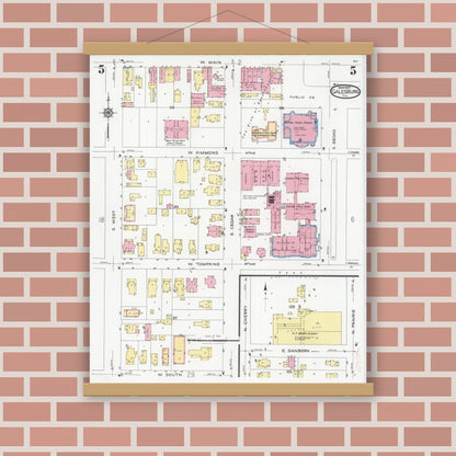 Old map wall art mockup — magnetic wood frame on brick wall — Sanborn Fire Insurance Map from Galesburg, Knox County, Illinois (1927), Sheet #0005