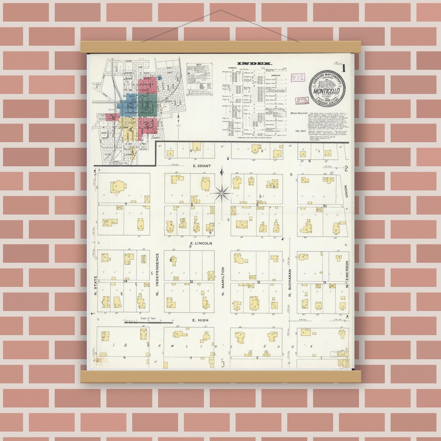 Old map wall art mockup — magnetic wood frame on brick wall — Sanborn Fire Insurance Map from Monticello, Piatt County, Illinois (1909) - Complete Map Set