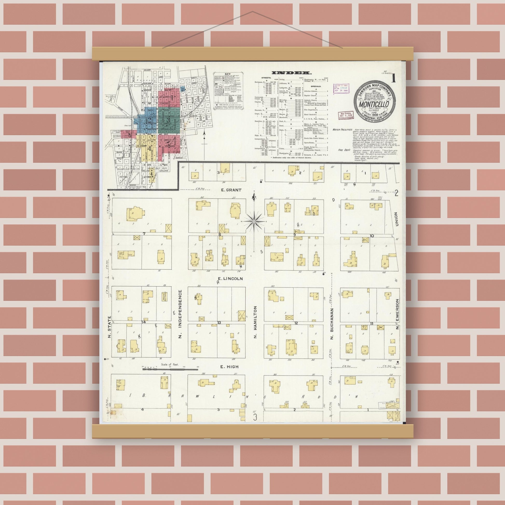 Old map wall art mockup — magnetic wood frame on brick wall — Sanborn Fire Insurance Map from Monticello, Piatt County, Illinois (1909) - Complete Map Set
