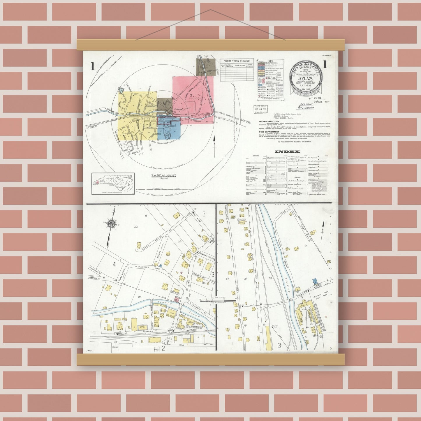 Old map wall art mockup — magnetic wood frame on brick wall — Sanborn Fire Insurance Map from Sylva, Jackson County, North Carolina (1933) - Complete Map Set