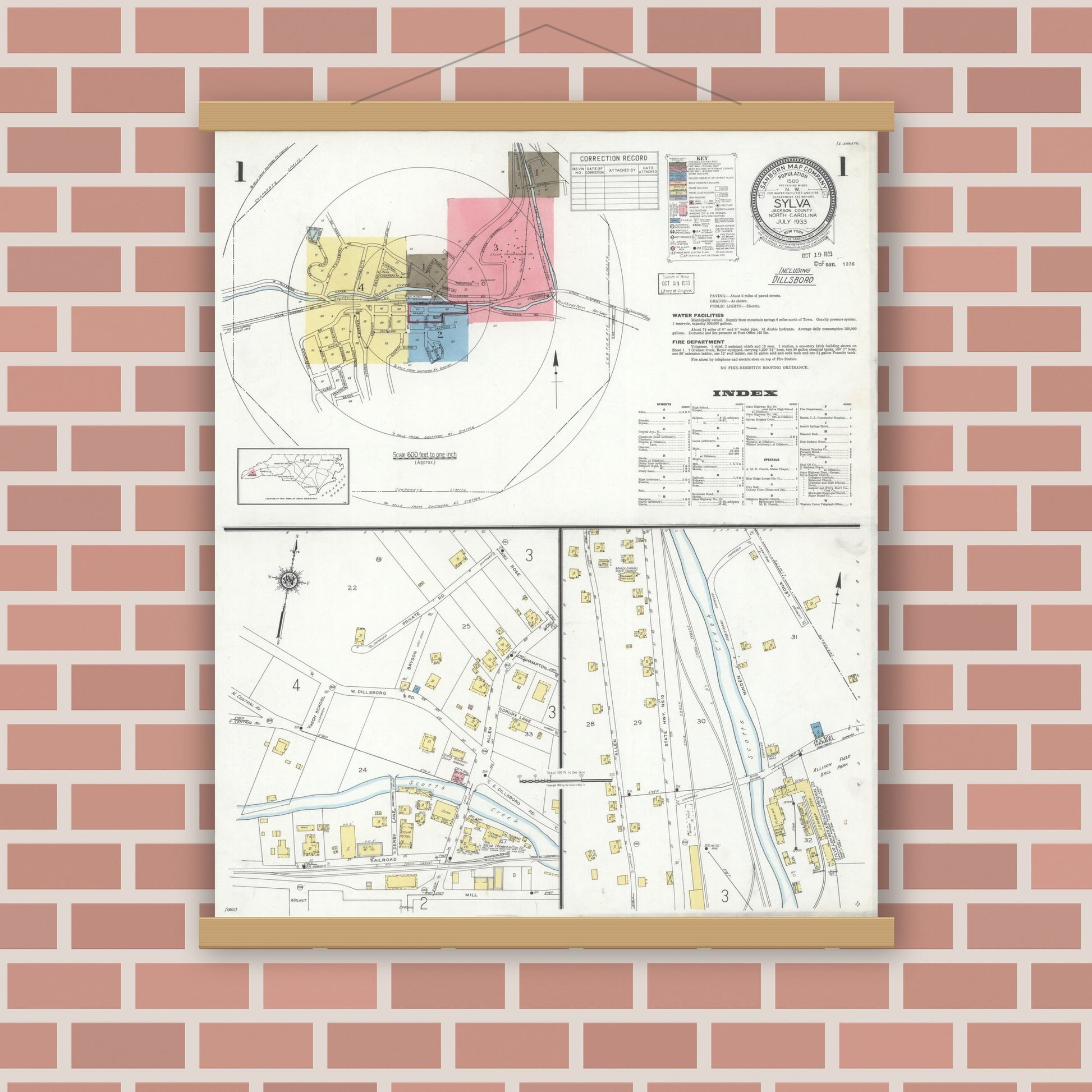 Old map wall art mockup — magnetic wood frame on brick wall — Sanborn Fire Insurance Map from Sylva, Jackson County, North Carolina (1933) - Complete Map Set