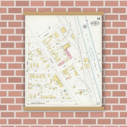Old map wall art mockup — magnetic wood frame on brick wall — Sanborn Fire Insurance Map from Michigan City, La Porte County, Indiana (1899), Sheet #0014