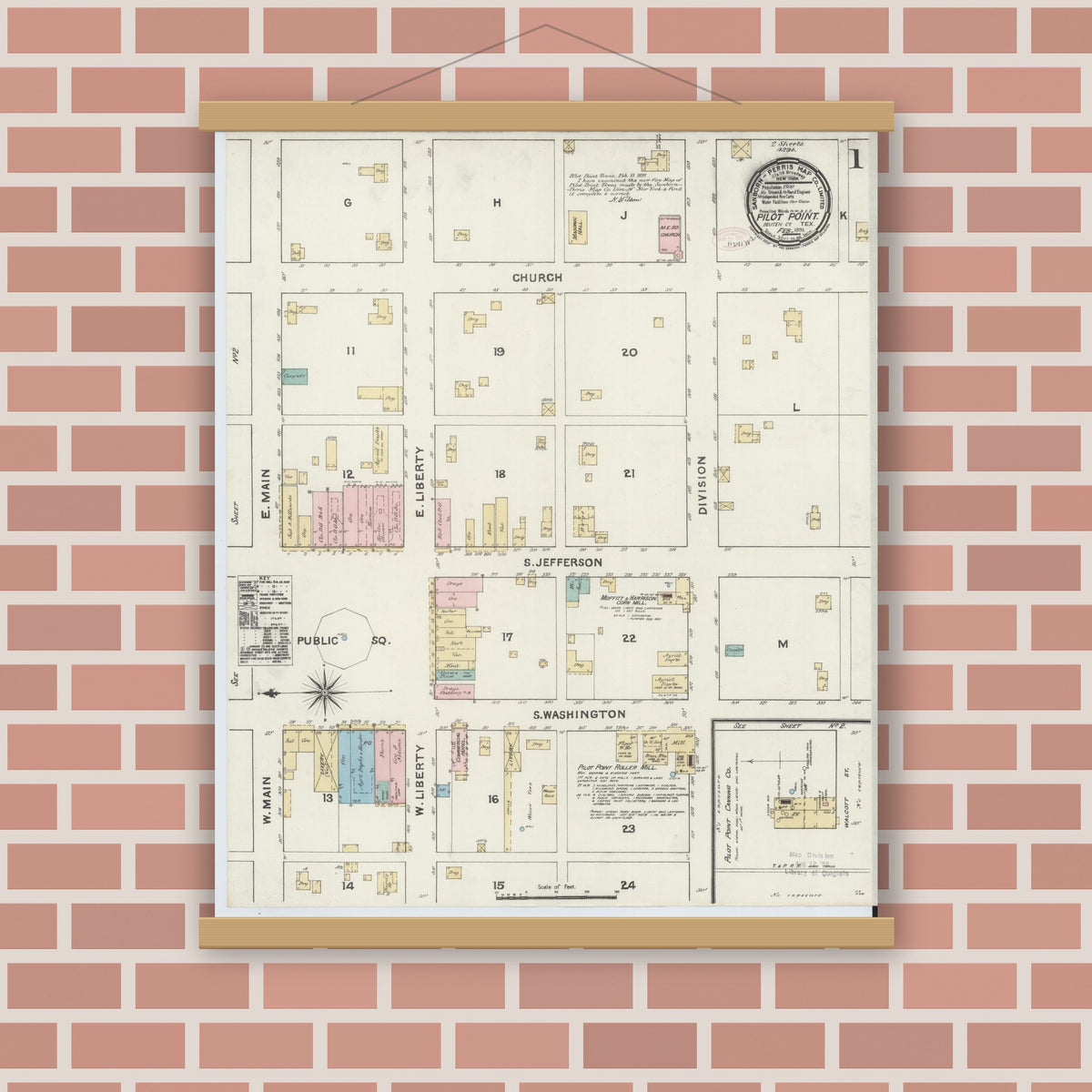 Old map wall art mockup — magnetic wood frame on brick wall — Sanborn Fire Insurance Map from Pilot Point, Denton County, Texas (1891), Sheet #0001