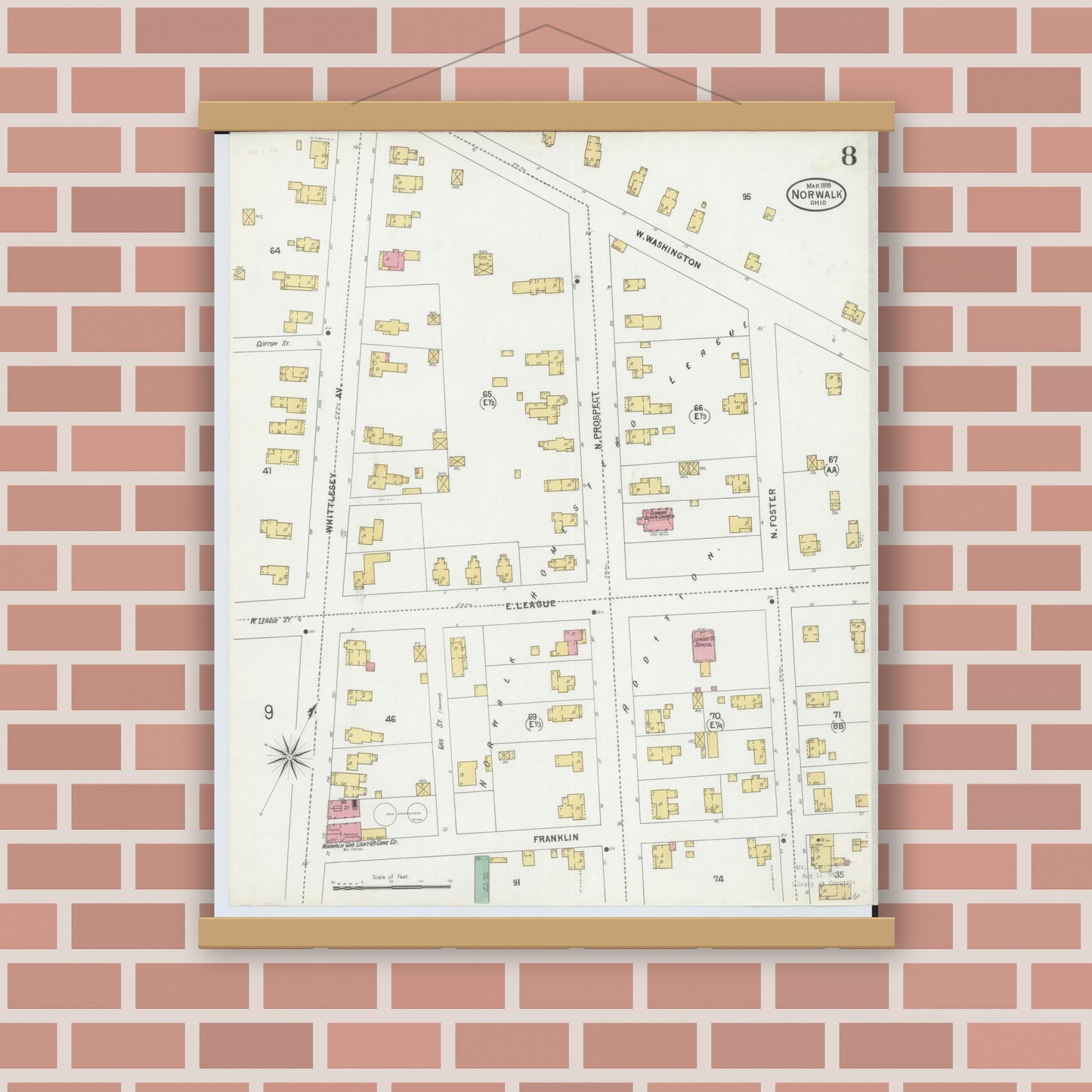 Old map wall art mockup — magnetic wood frame on brick wall — Sanborn Fire Insurance Map from Norwalk, Huron County, Ohio (1899), Sheet #0008