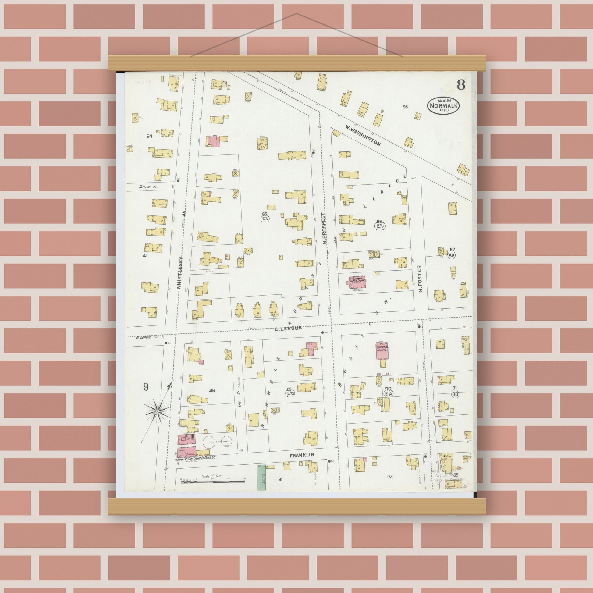 Old map wall art mockup — magnetic wood frame on brick wall — Sanborn Fire Insurance Map from Norwalk, Huron County, Ohio (1899), Sheet #0008