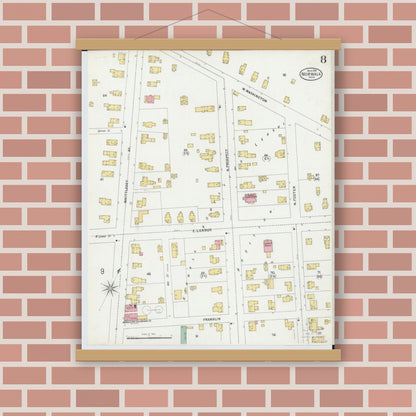 Old map wall art mockup — magnetic wood frame on brick wall — Sanborn Fire Insurance Map from Norwalk, Huron County, Ohio (1899), Sheet #0008
