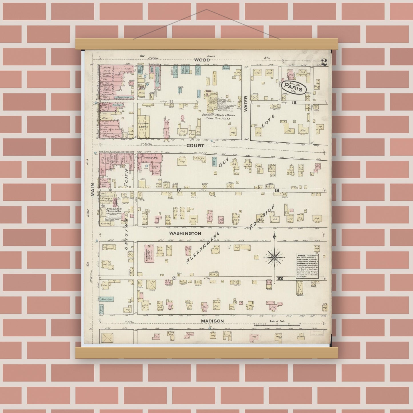 Old map wall art mockup — magnetic wood frame on brick wall — Sanborn Fire Insurance Map from Paris, Edgar County, Illinois (1884), Sheet #0002