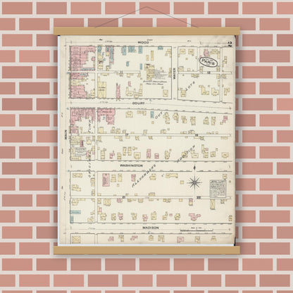 Old map wall art mockup — magnetic wood frame on brick wall — Sanborn Fire Insurance Map from Paris, Edgar County, Illinois (1884), Sheet #0002