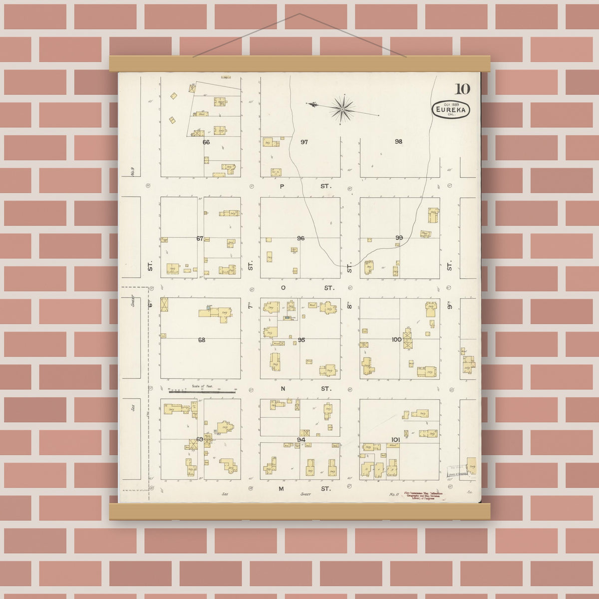 Old map wall art mockup — magnetic wood frame on brick wall — Sanborn Fire Insurance Map from Eureka, Humboldt County, California (1889), Sheet #0010