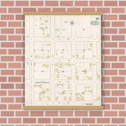 Old map wall art mockup — magnetic wood frame on brick wall — Sanborn Fire Insurance Map from Eureka, Humboldt County, California (1889), Sheet #0010