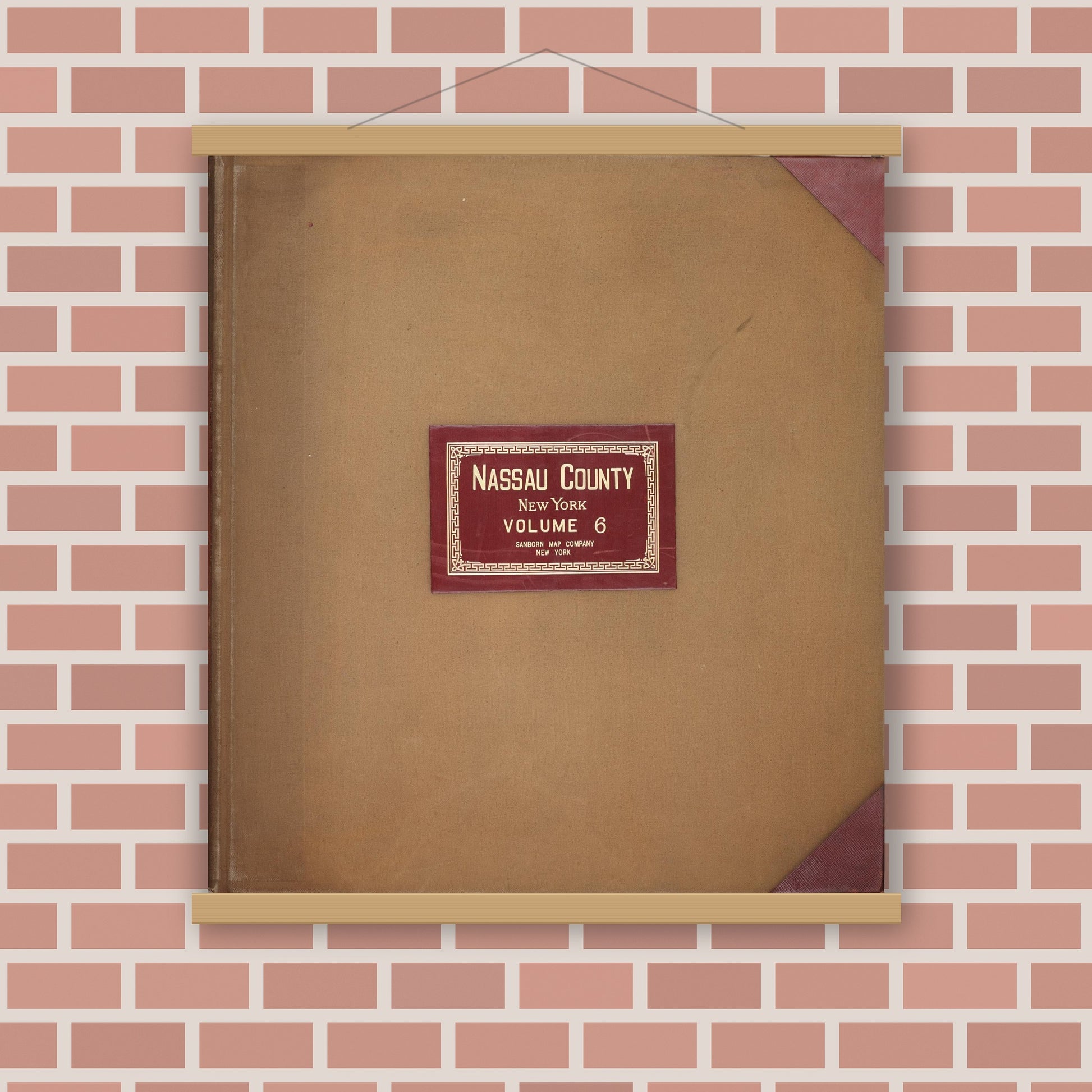 Old map wall art mockup — magnetic wood frame on brick wall — Sanborn Fire Insurance Map from Nassau, Nassau County, New York (1951), Sheet #0001