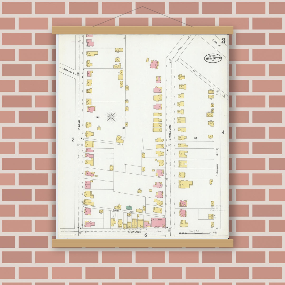 Old map wall art mockup — magnetic wood frame on brick wall — Sanborn Fire Insurance Map from Washington, Washington County, Pennsylvania (1900), Sheet #0003