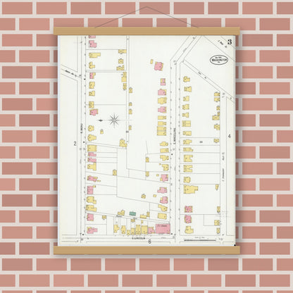 Old map wall art mockup — magnetic wood frame on brick wall — Sanborn Fire Insurance Map from Washington, Washington County, Pennsylvania (1900), Sheet #0003