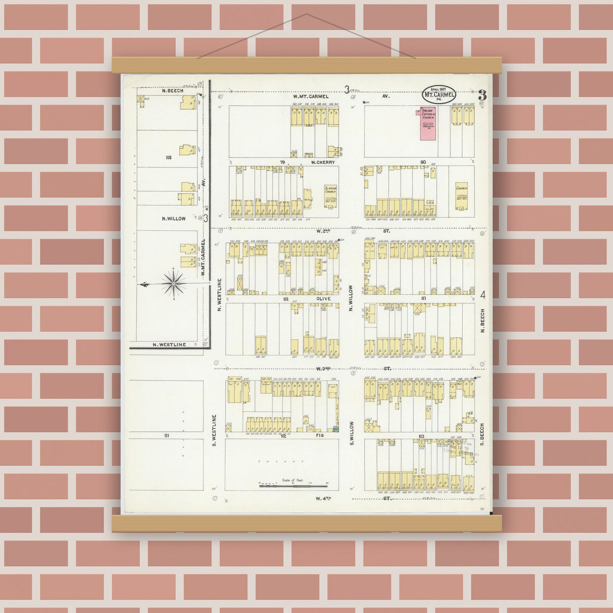 Old map wall art mockup — magnetic wood frame on brick wall — Sanborn Fire Insurance Map from Mount Carmel, Northumberland County, Pennsylvania (1907), Sheet #0003