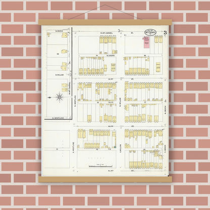 Old map wall art mockup — magnetic wood frame on brick wall — Sanborn Fire Insurance Map from Mount Carmel, Northumberland County, Pennsylvania (1907), Sheet #0003