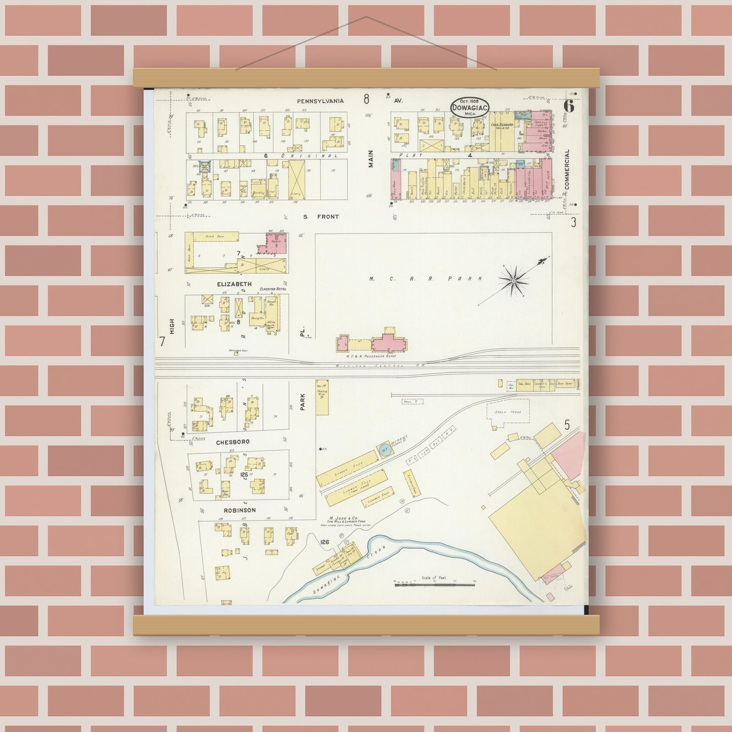 Old map wall art mockup — magnetic wood frame on brick wall — Sanborn Fire Insurance Map from Dowagiac, Cass County, Michigan (1908), Sheet #0006