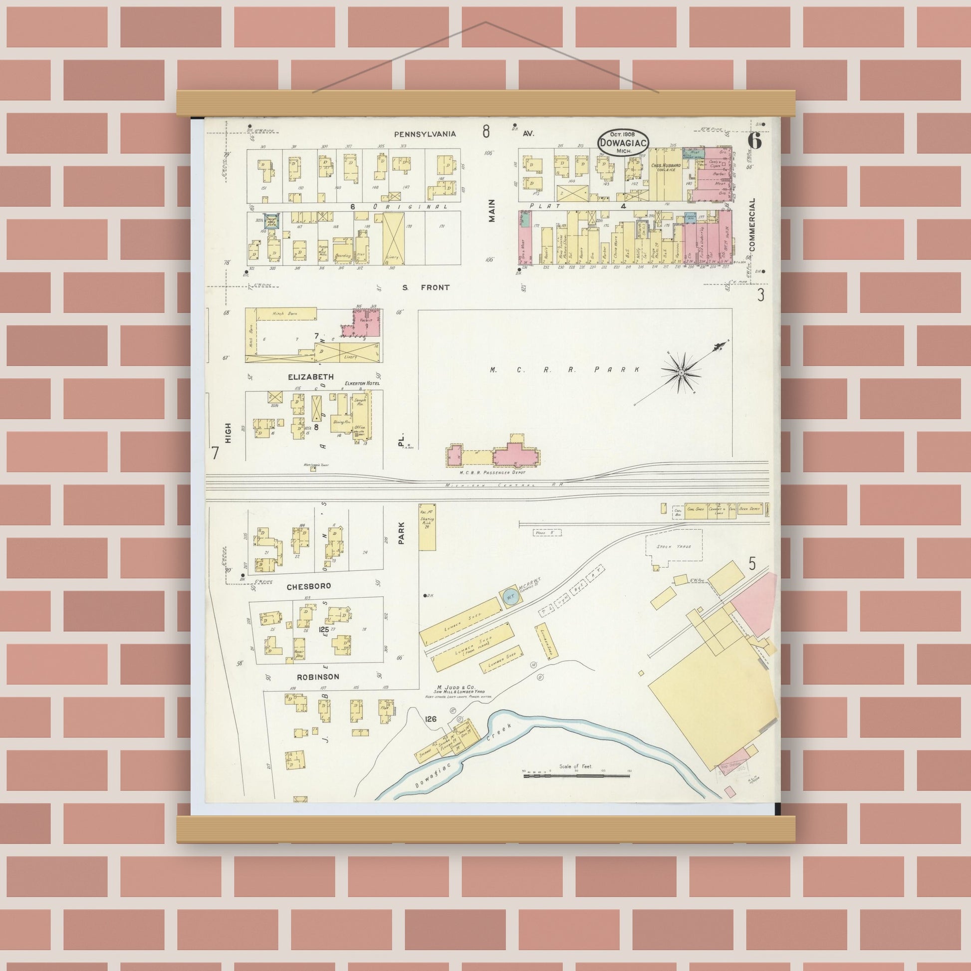 Old map wall art mockup — magnetic wood frame on brick wall — Sanborn Fire Insurance Map from Dowagiac, Cass County, Michigan (1908), Sheet #0006