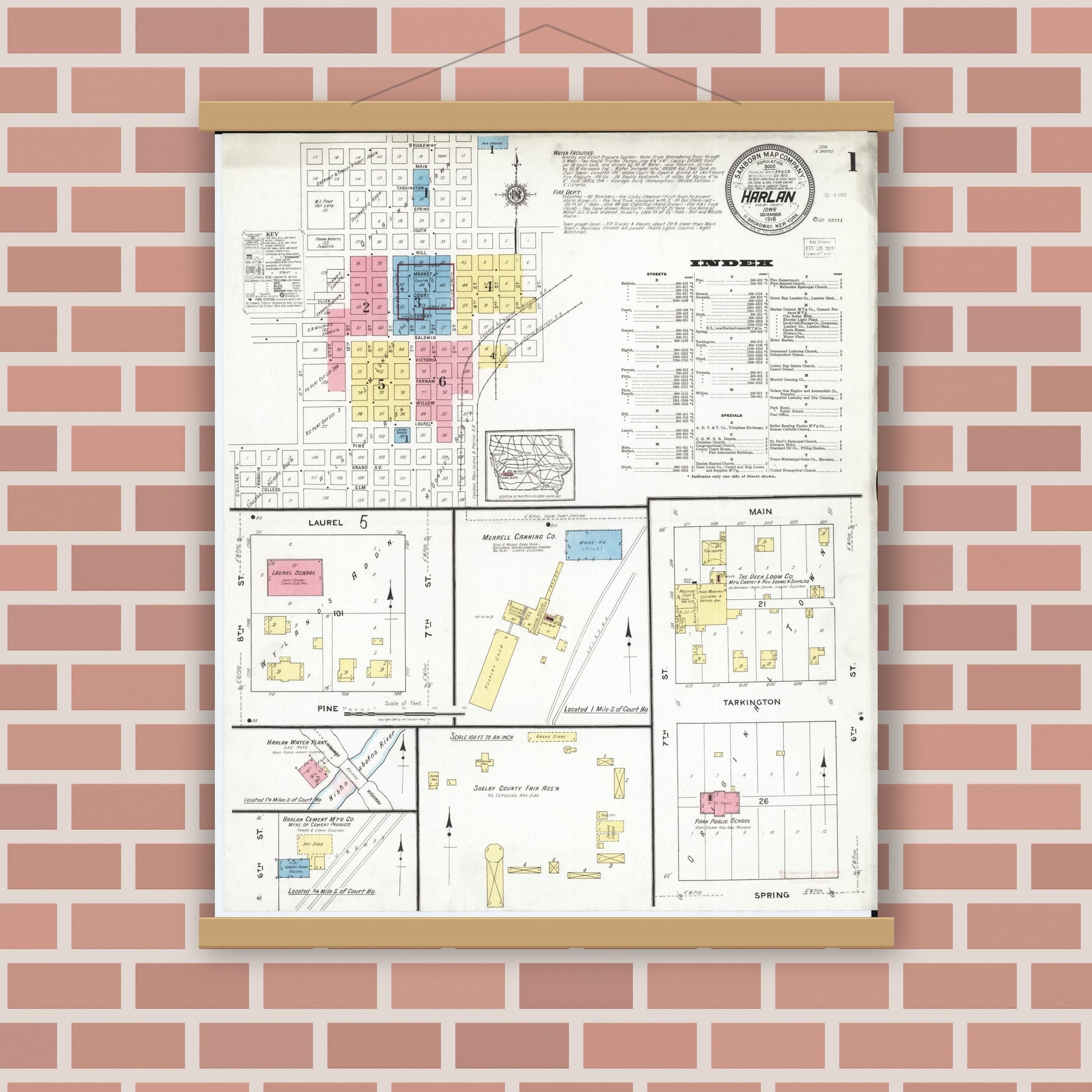 Old map wall art mockup — magnetic wood frame on brick wall — Sanborn Fire Insurance Map from Harlan, Shelby County, Iowa (1918) â€” Complete Set