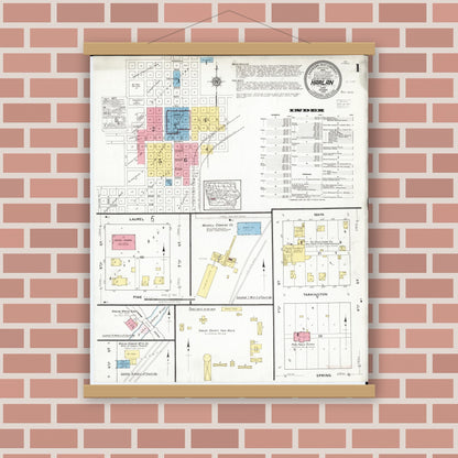 Old map wall art mockup — magnetic wood frame on brick wall — Sanborn Fire Insurance Map from Harlan, Shelby County, Iowa (1918) â€” Complete Set