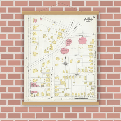 Old map wall art mockup — magnetic wood frame on brick wall — Sanborn Fire Insurance Map from Greensboro, Guilford County, North Carolina (1907), Sheet #0006