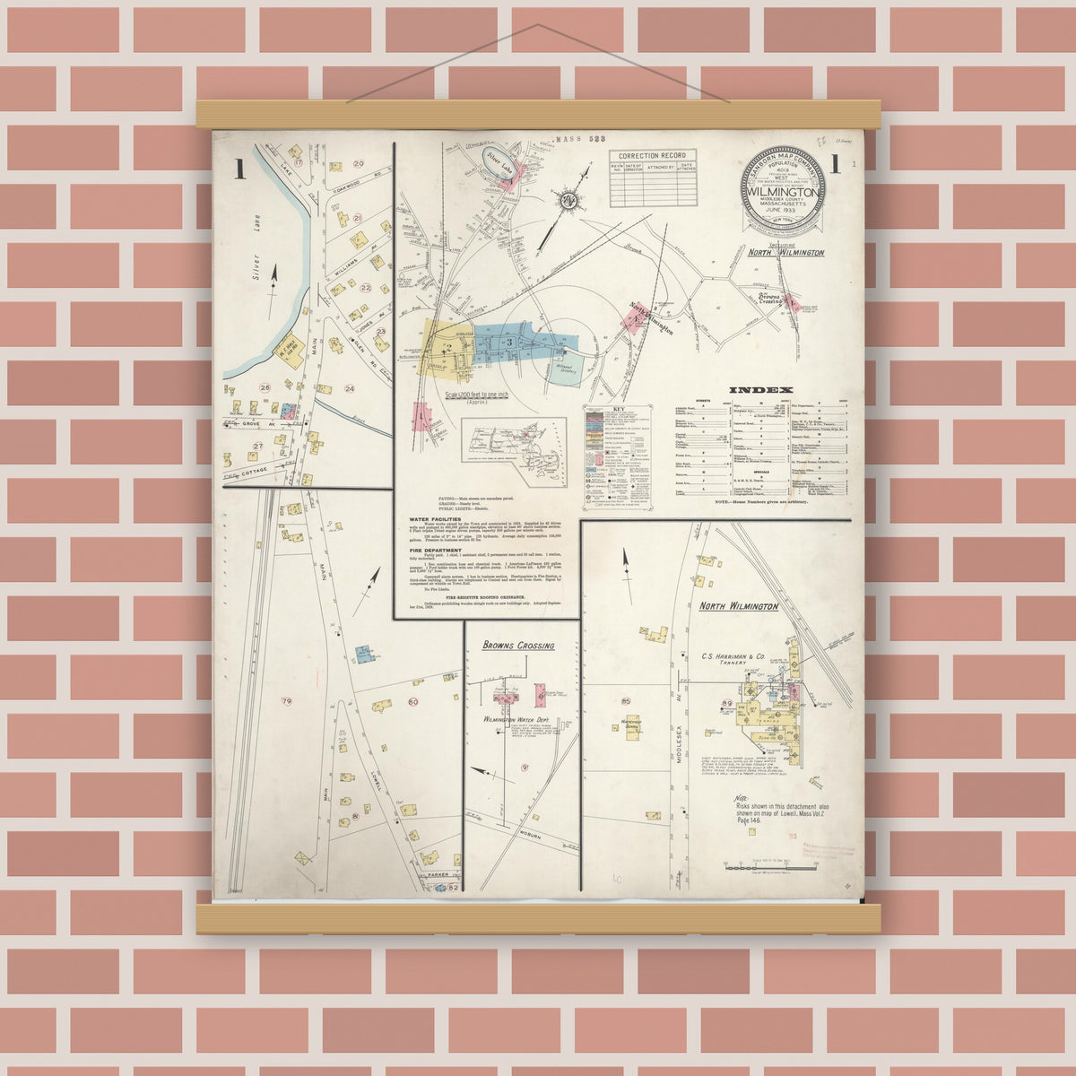 Old map wall art mockup — magnetic wood frame on brick wall — Sanborn Fire Insurance Map from Wilmington, Middlesex County, Massachusetts (1933), Sheet #0001