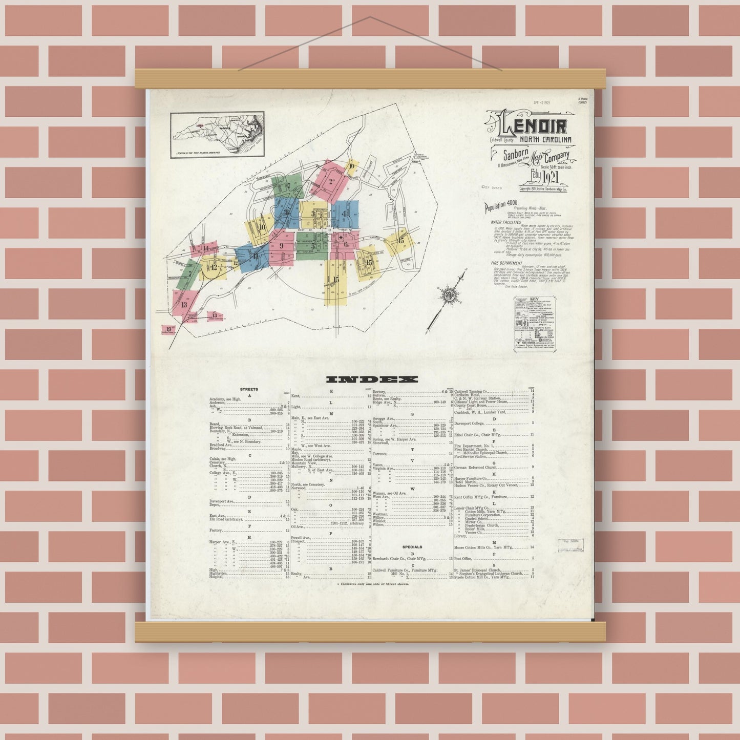 Old map wall art mockup — magnetic wood frame on brick wall — Sanborn Fire Insurance Map from Lenoir, Caldwell County, North Carolina (1921), Sheet #0001