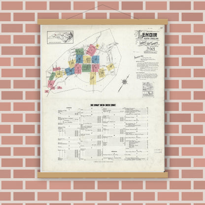 Old map wall art mockup — magnetic wood frame on brick wall — Sanborn Fire Insurance Map from Lenoir, Caldwell County, North Carolina (1921), Sheet #0001
