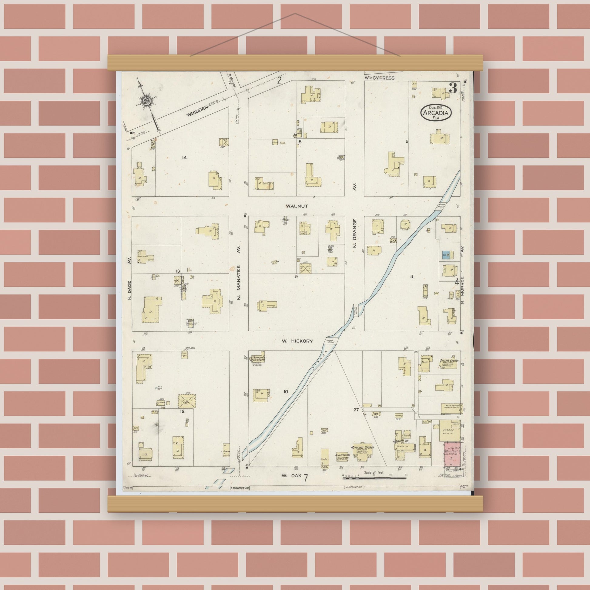 Old map wall art mockup — magnetic wood frame on brick wall — Sanborn Fire Insurance Map from Arcadia, DeSoto County, Florida (1914), Sheet #0003