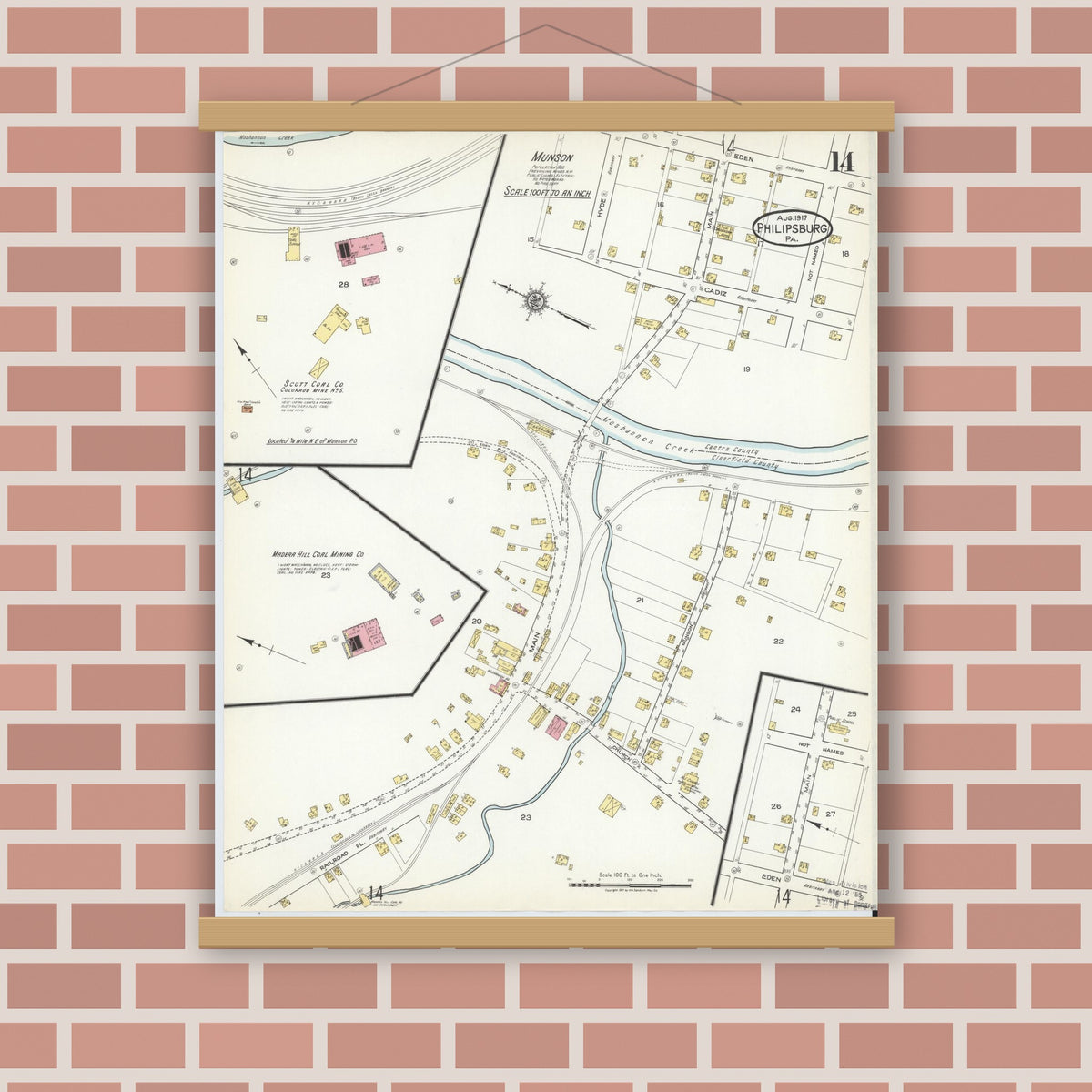 Old map wall art mockup — magnetic wood frame on brick wall — Sanborn Fire Insurance Map from Philipsburg, Centre County, Pennsylvania (1917), Sheet #0014