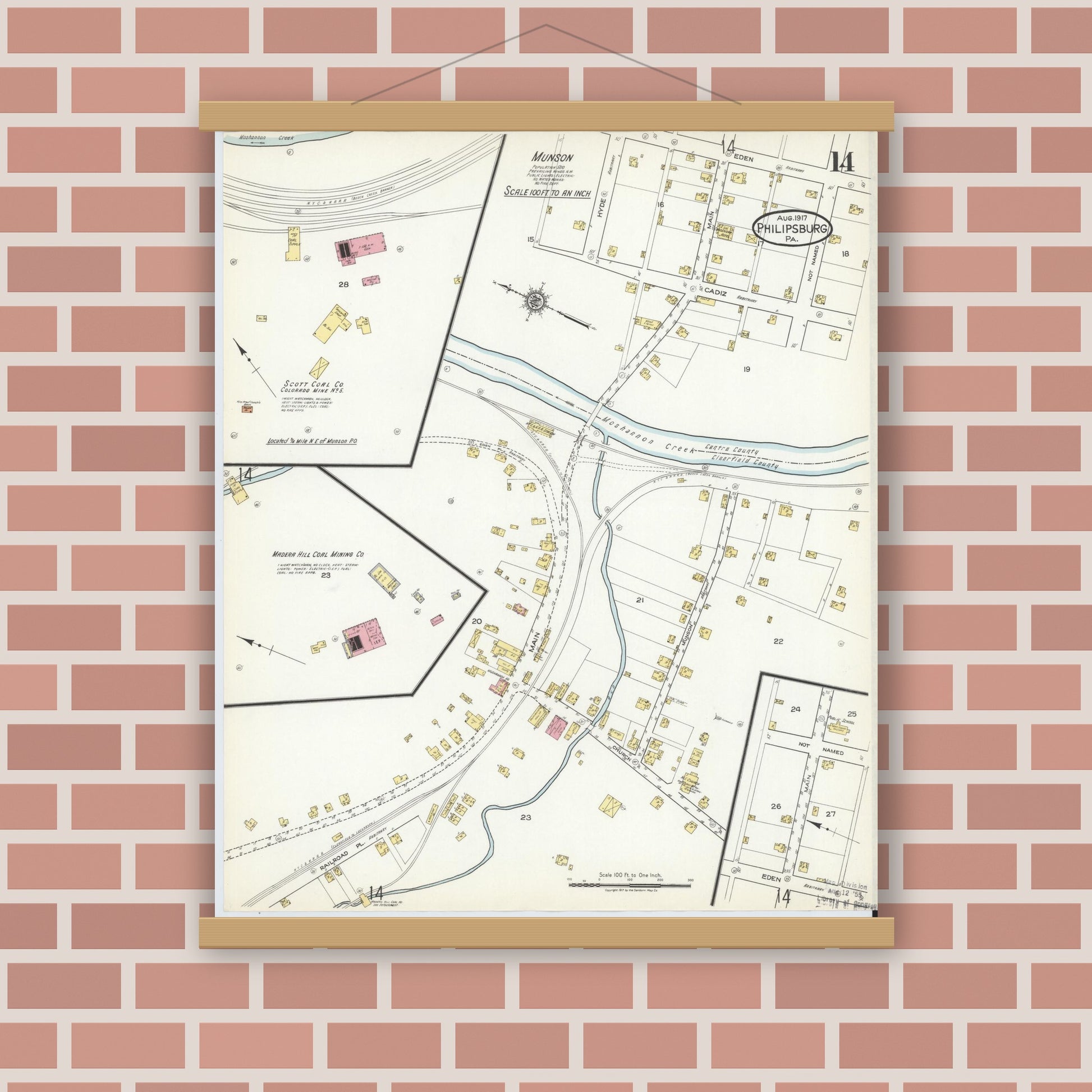 Old map wall art mockup — magnetic wood frame on brick wall — Sanborn Fire Insurance Map from Philipsburg, Centre County, Pennsylvania (1917), Sheet #0014