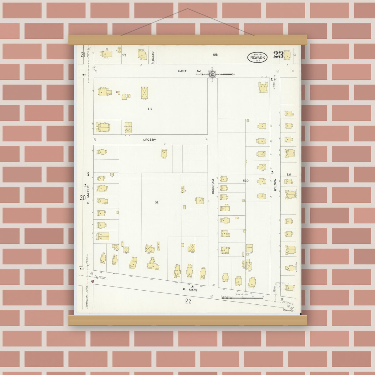 Old map wall art mockup — magnetic wood frame on brick wall — Sanborn Fire Insurance Map from Newark, Wayne County, New York (1912), Sheet #0023